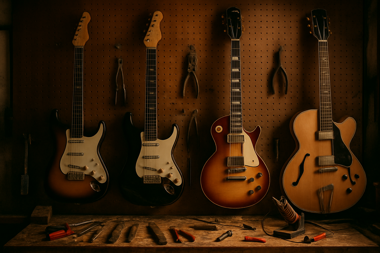 Gitarrenwand in der Werkstatt von Bastian Krauss — Gitarrenservice Pullach bei München